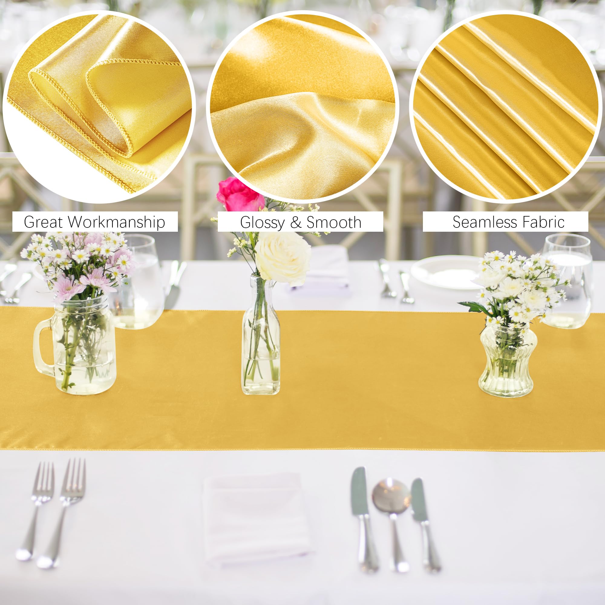 Aneco 16 Pack Satin Table Runner 12 X 108 Inch Gold Long Wedding Satin Silk Table Runner For Wedding Banquet Graduations Birthda